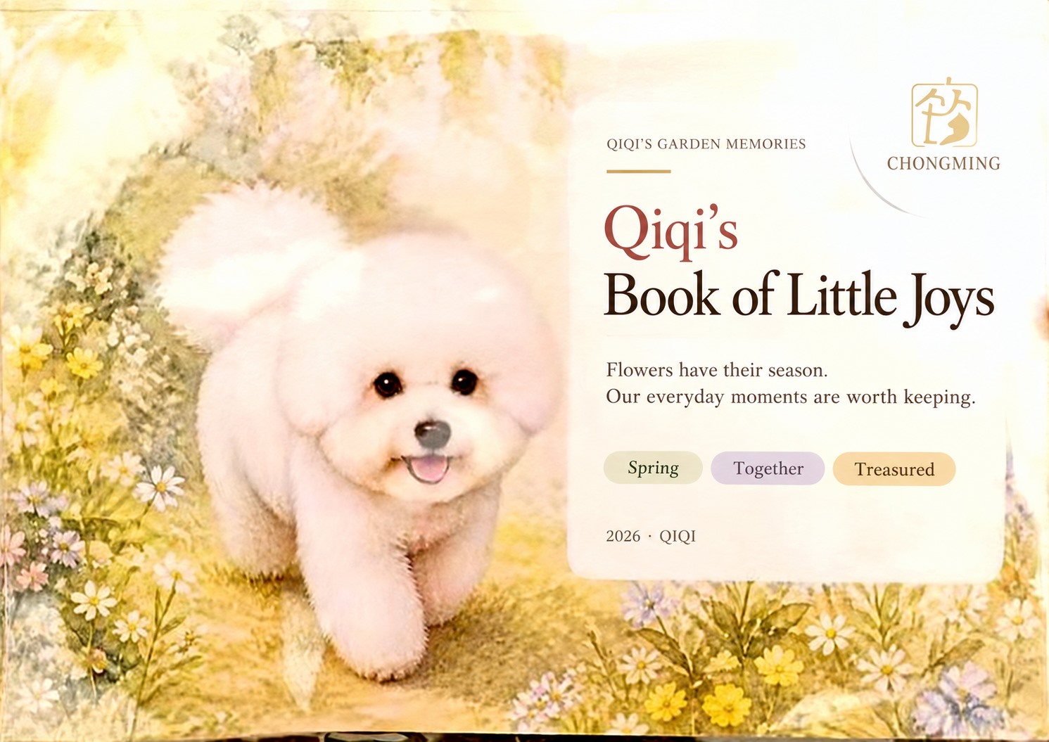 Qiqi’s album, with a watercolor cover, resting in front of the portrait